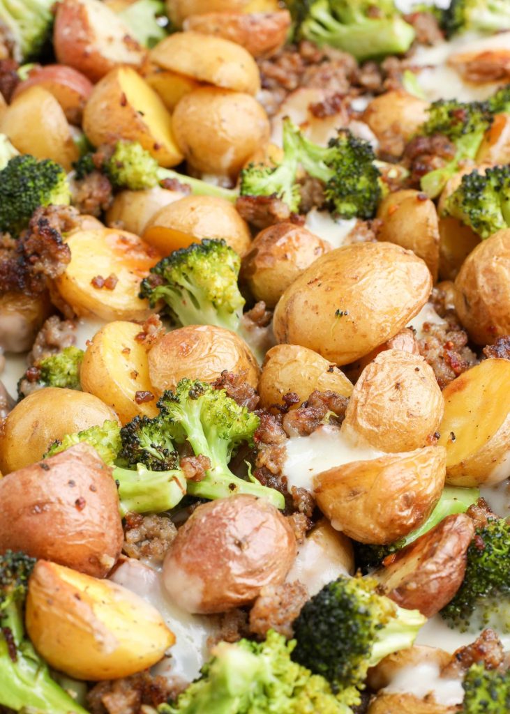 Cheesy Roasted Potatoes, Broccoli, and Sausage