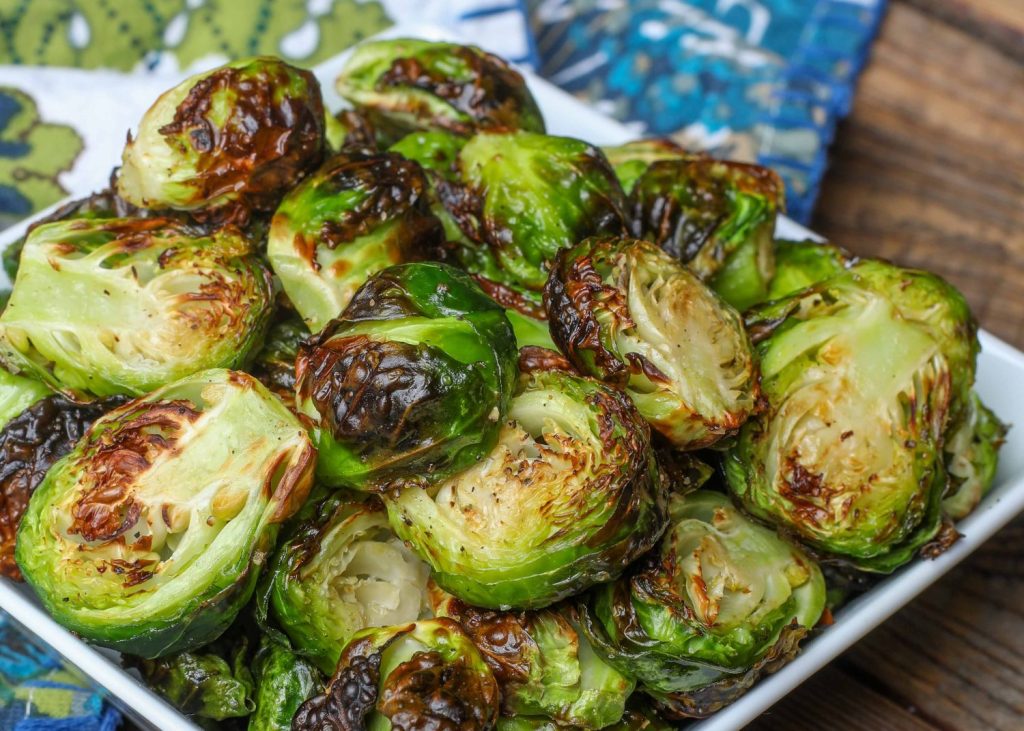 Crispy Brussels sprouts in a square dish