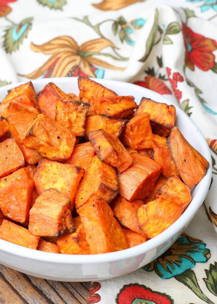 Air fried sweet potatoes in white bowl