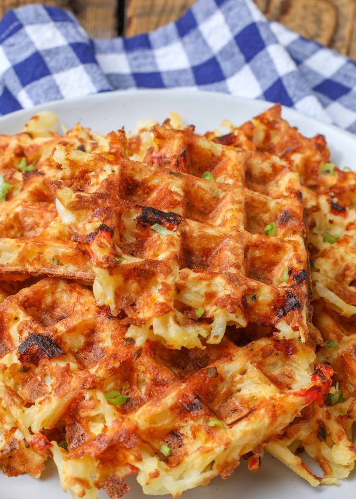 hash brown waffles with blue gingham napkin