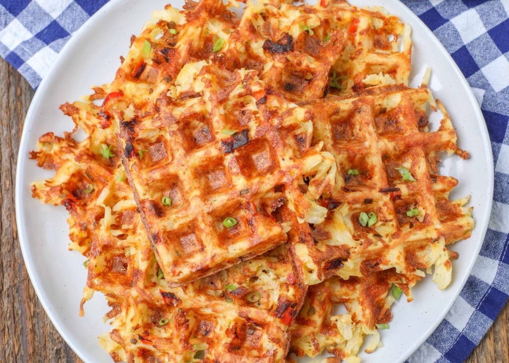 hash brown waffles on round platter 
