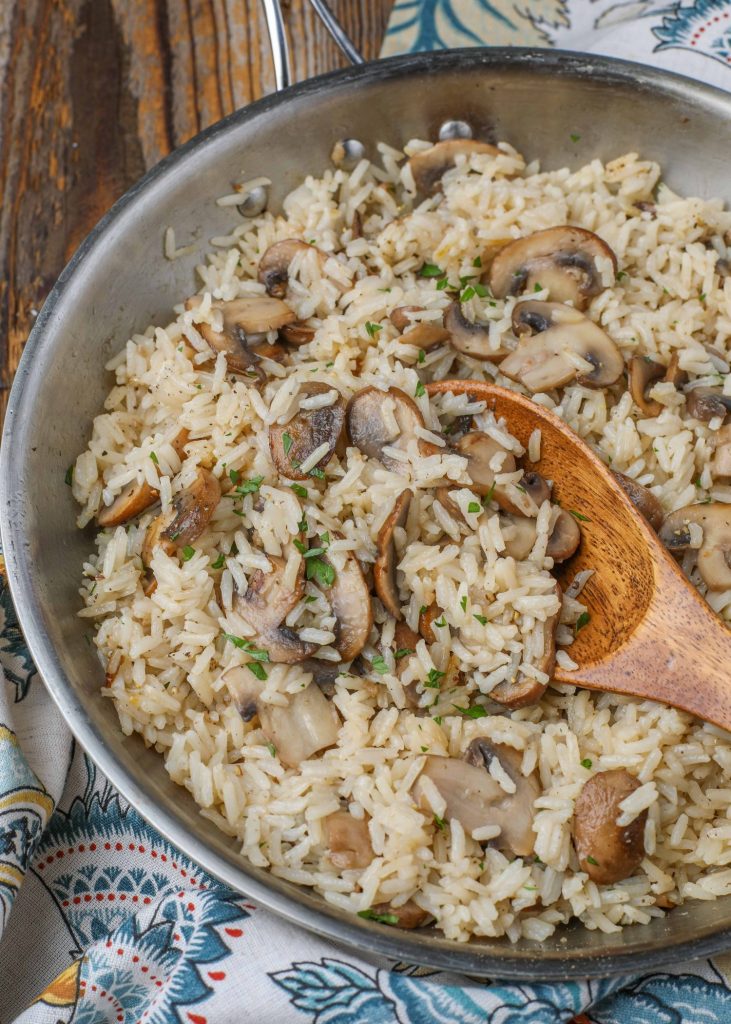 pan with rice and mushrooms