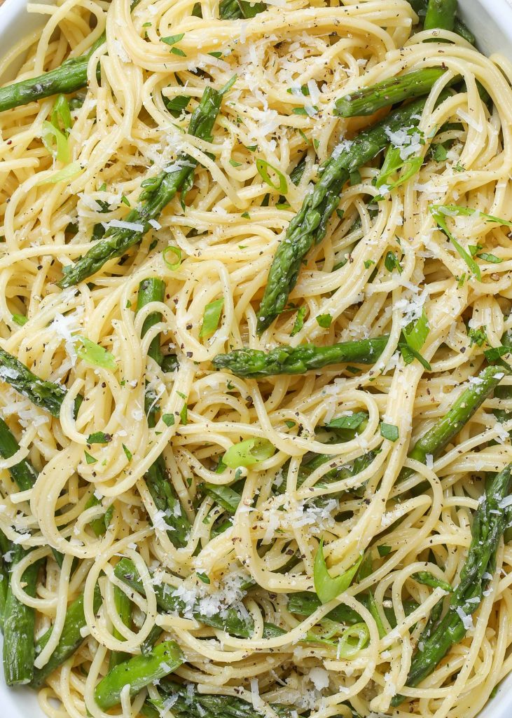 close up of pasta with asparagus