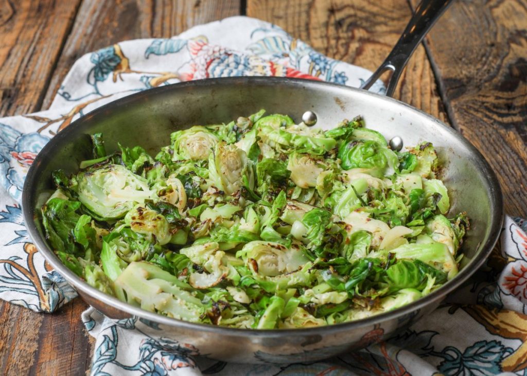 Brussels sprouts in stainless skillet