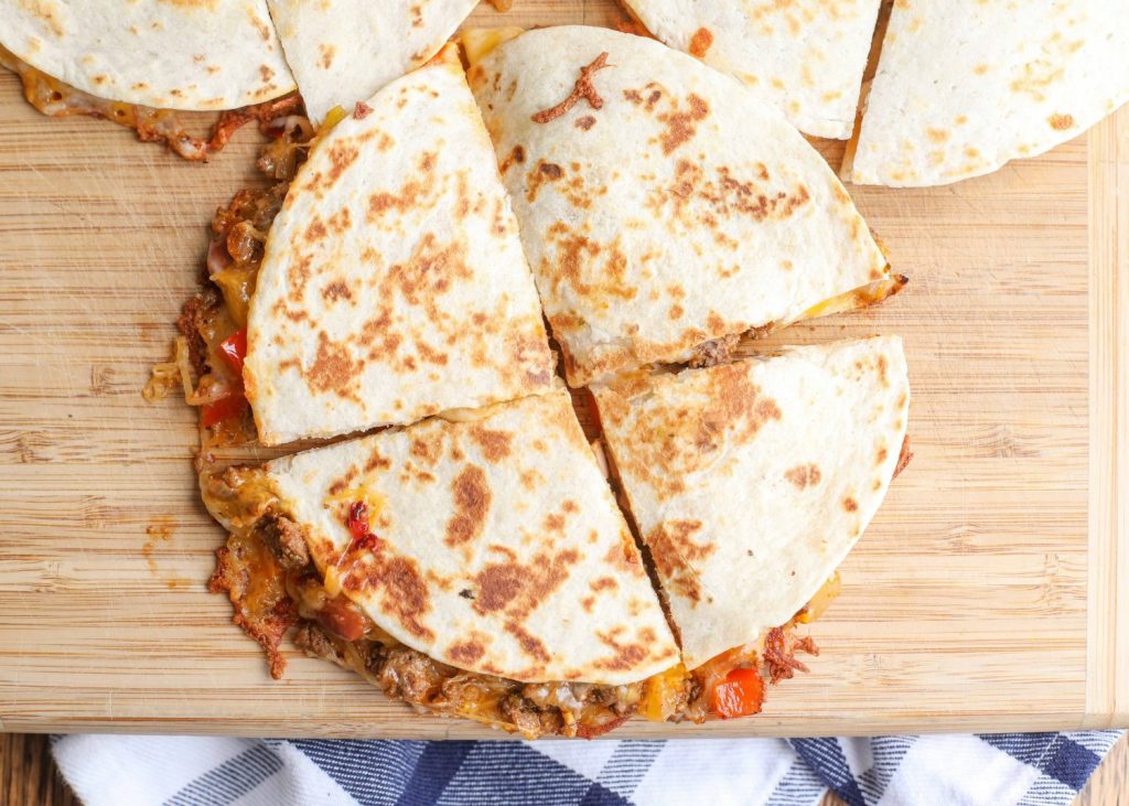Taco Beef Quesadilla with Bell Peppers and Onions