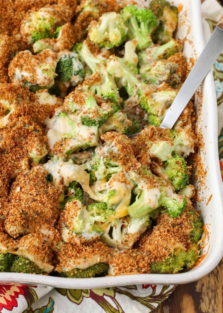 roasted broccoli with cheese and buttered bread crumbs