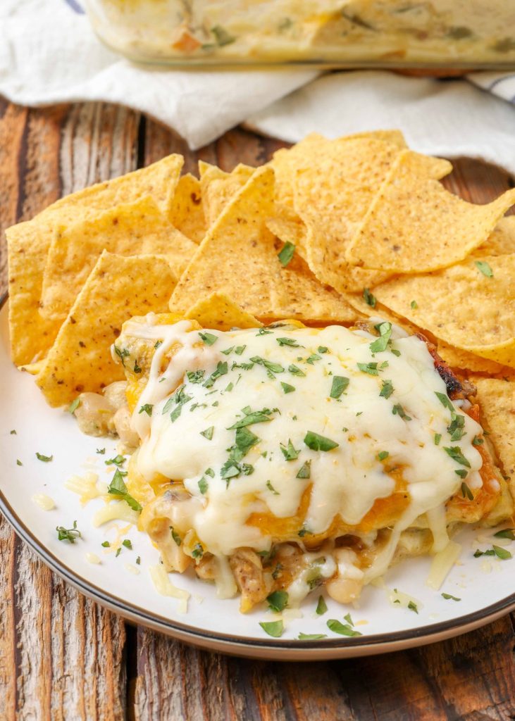 Spinach Enchiladas on plate with tortilla chips