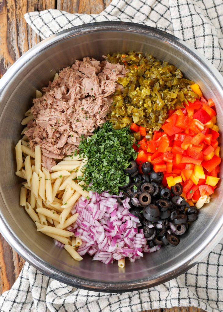 pasta salad with tuna, olives, jalapenos, and bell peppers
