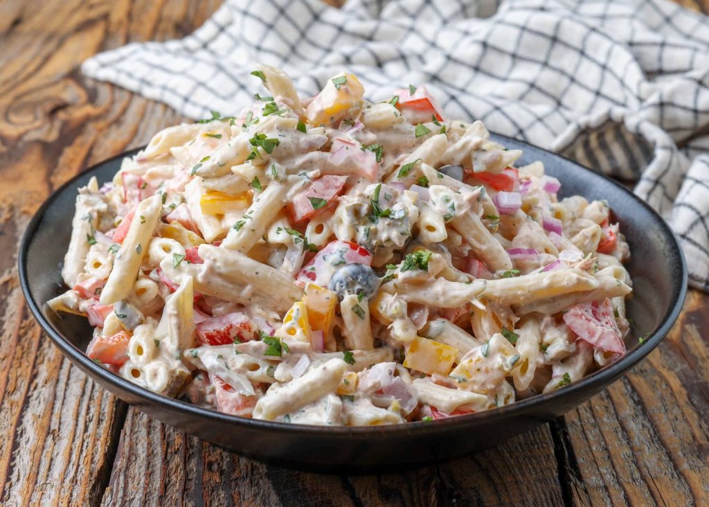 pasta salad with tuna, olives, jalapenos, and bell peppers