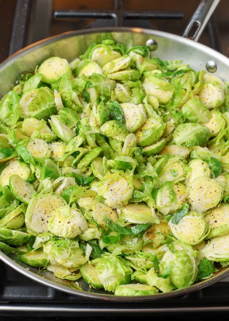 brussels sprouts in stainless skillet