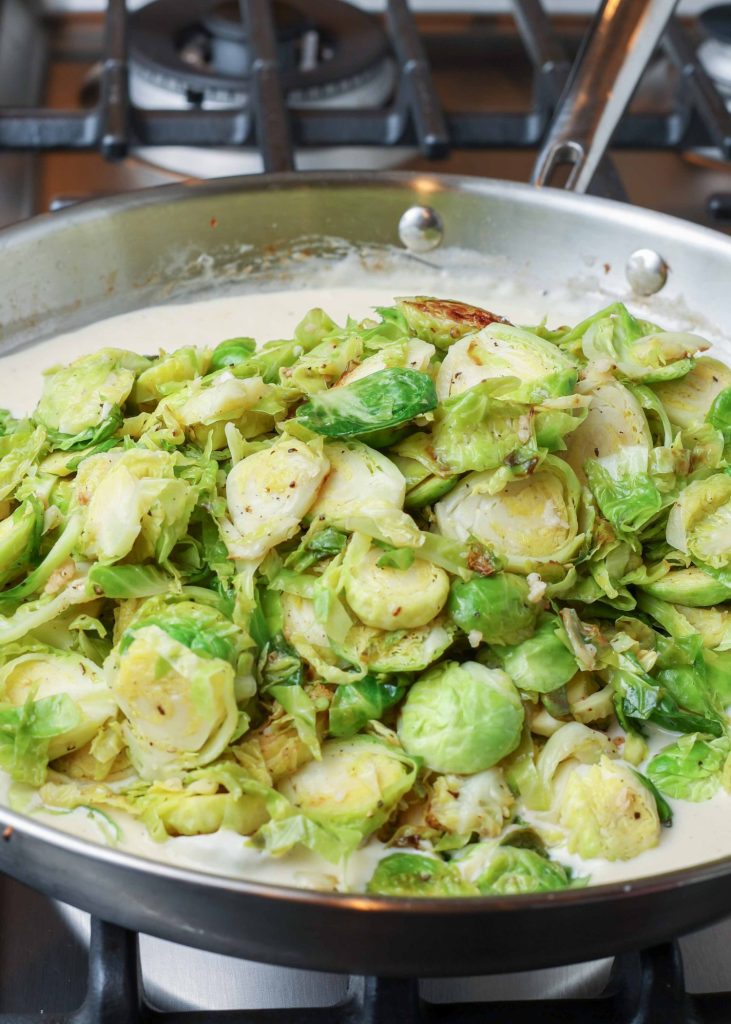 sauteed Brussels in cream sauce in large skillet