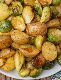 close up photo of potatoes and Brussels