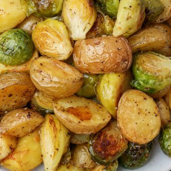 close up photo of potatoes and Brussels