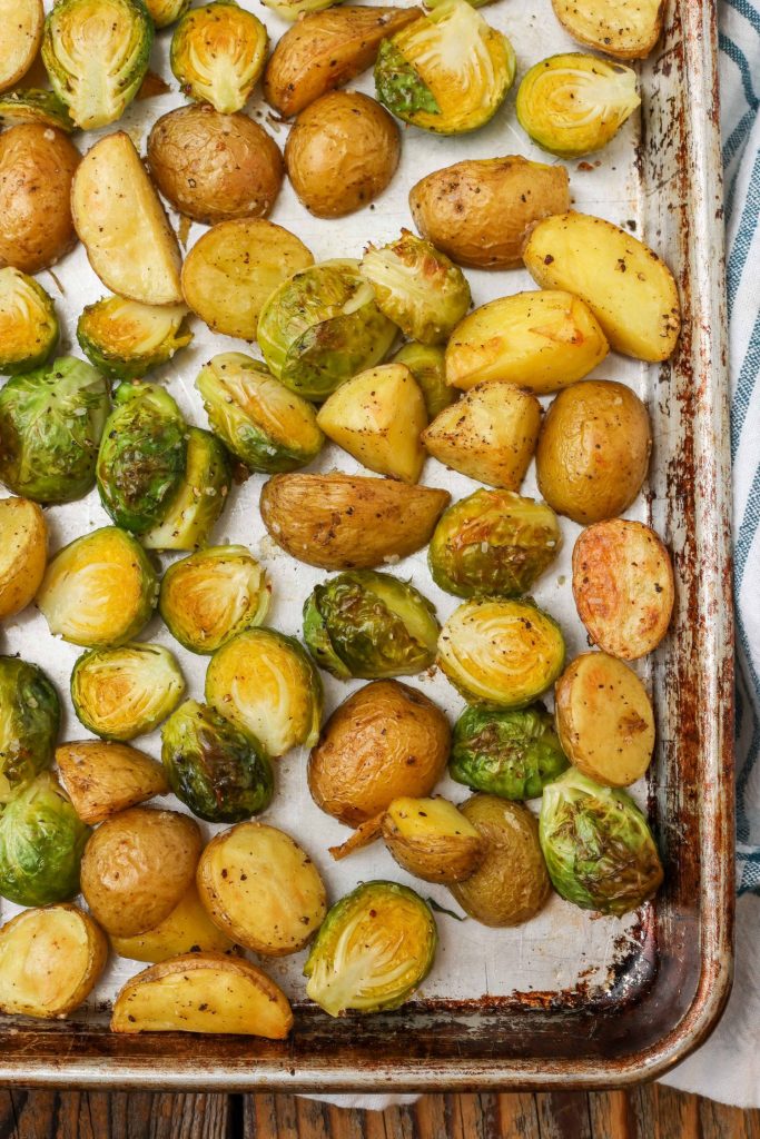 sheet pan potatoes with Brussels Sprouts 