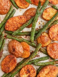 sheet pan with green beans and potatoes