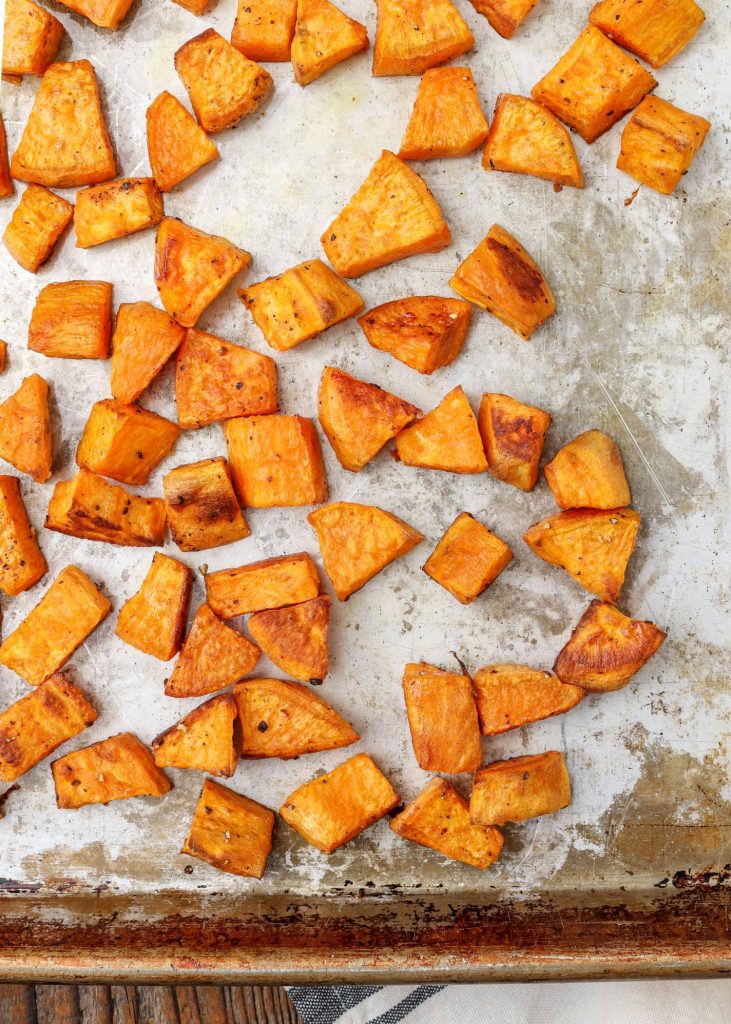 roasted sweet potatoes on sheet pan