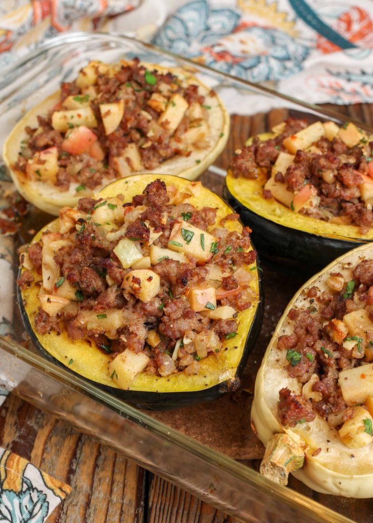 Acorn squash stuffed with sausage and apples