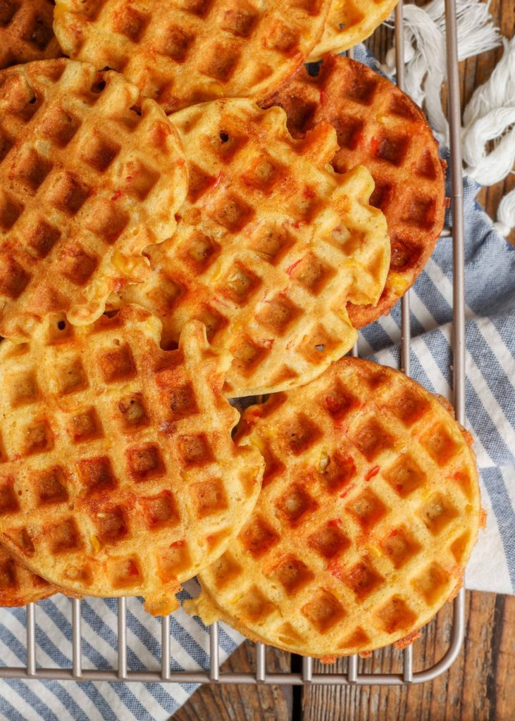 Corn Waffles on wire rack with blue and white towel