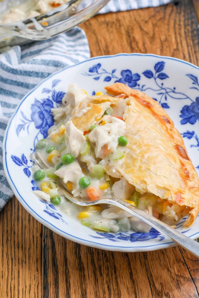 One Piece of Chicken Pot Pie on floral plate