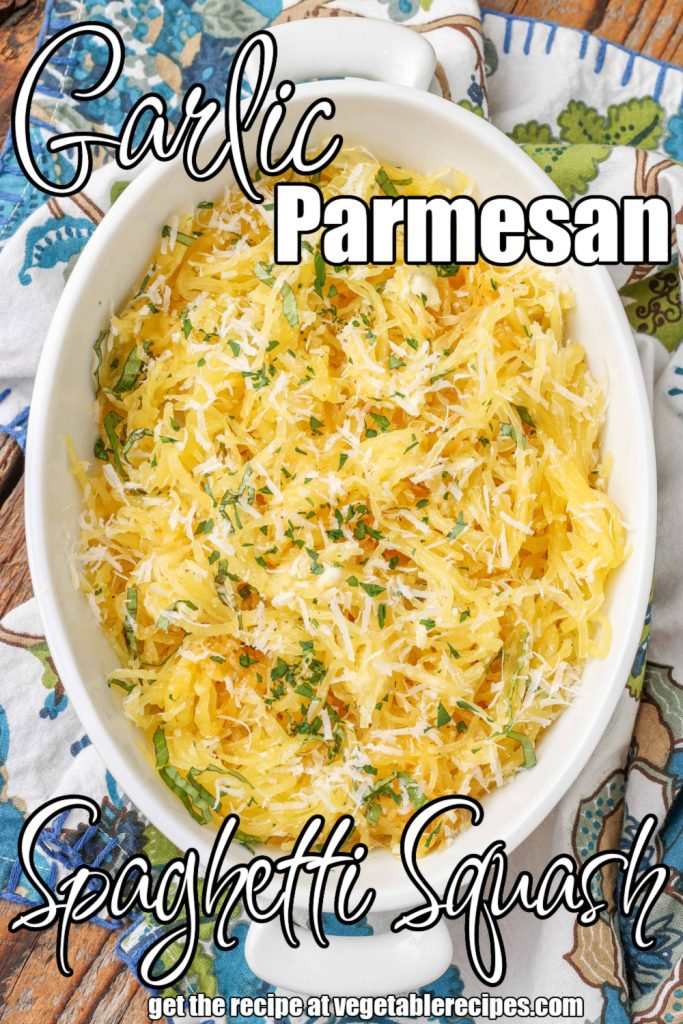 Buttered Spaghetti Squash with garlic and parmesan in white dish