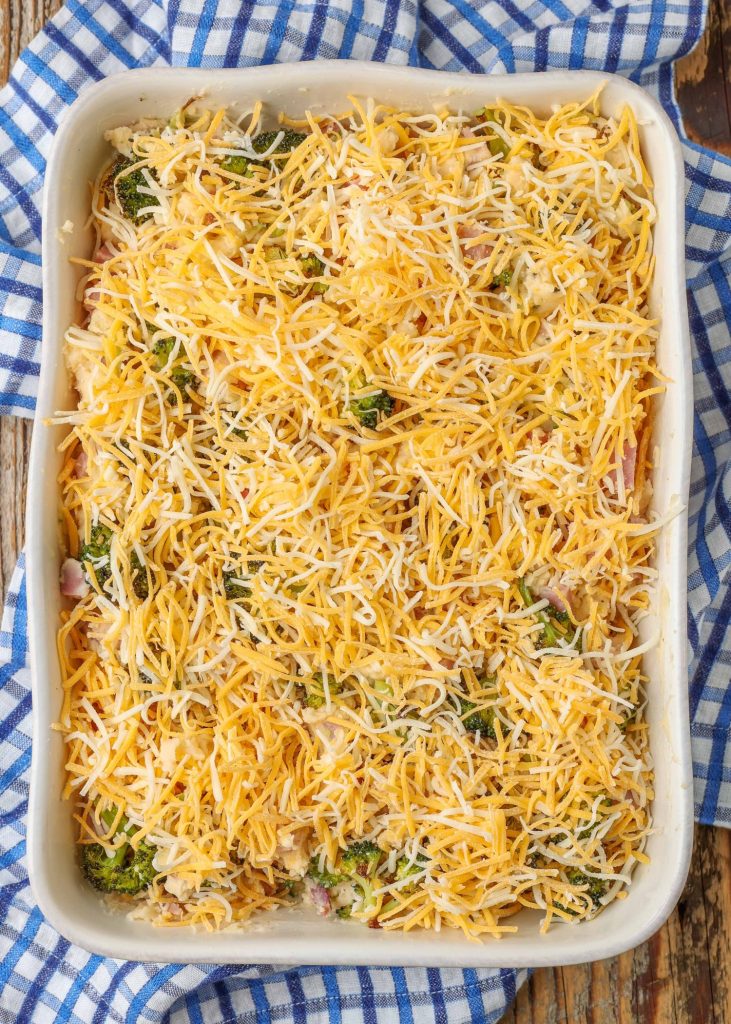 Cheese topped potato casserole with ham