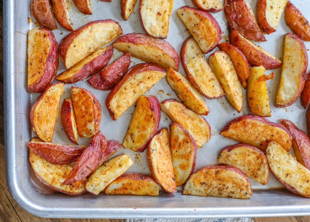 roasted red potato wedges on sheet pan