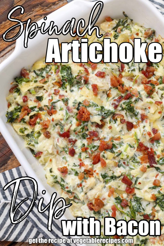 artichoke dip in white dish with bacon and spinach
