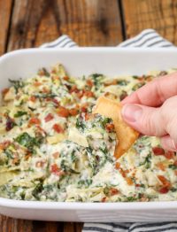 Baked spinach dip with artichokes and bacon