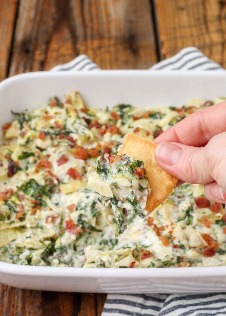 Baked spinach dip with artichokes and bacon