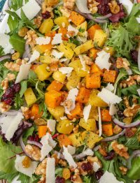 close up of salad with roasted squash