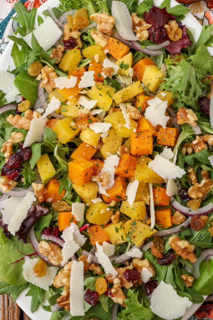 close up of salad with roasted squash 