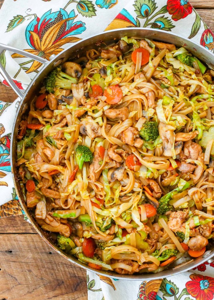 Chicken Stir Fry with Cabbage on stainless skillet