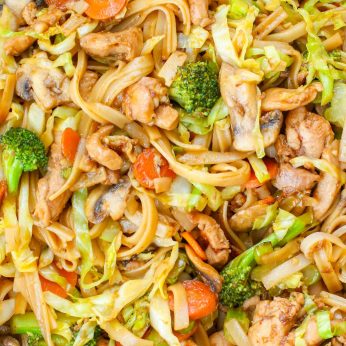 close up photo of cabbage noodles and chicken in a vegetable stir fry