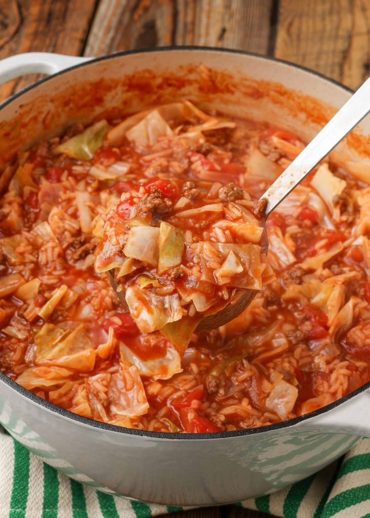 Ground Beef Cabbage Roll Soup in white dutch oven