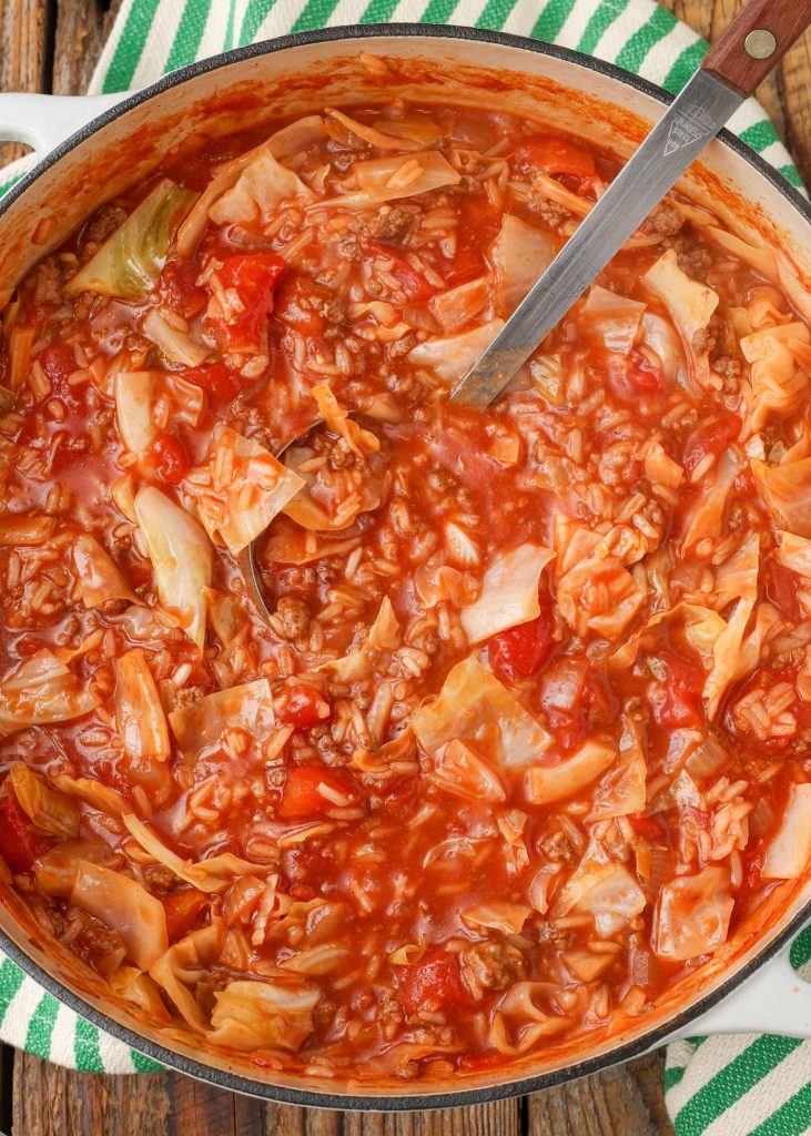 Ground Beef Cabbage Roll Soup with green and white towel