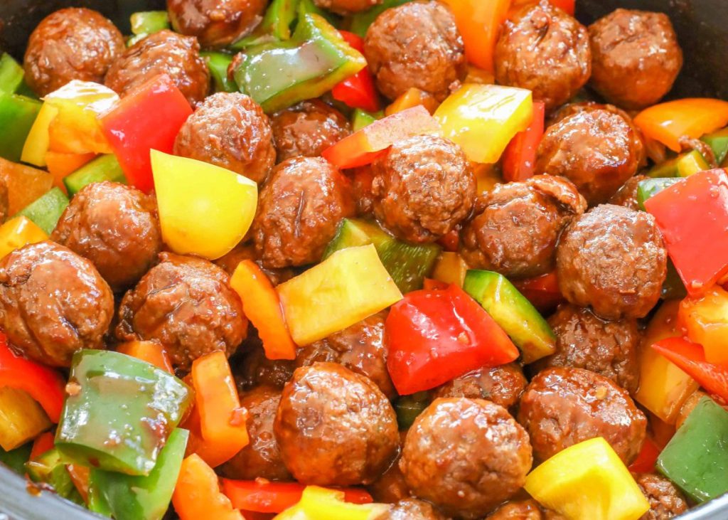 frozen meatballs in slow cooker with bell peppers