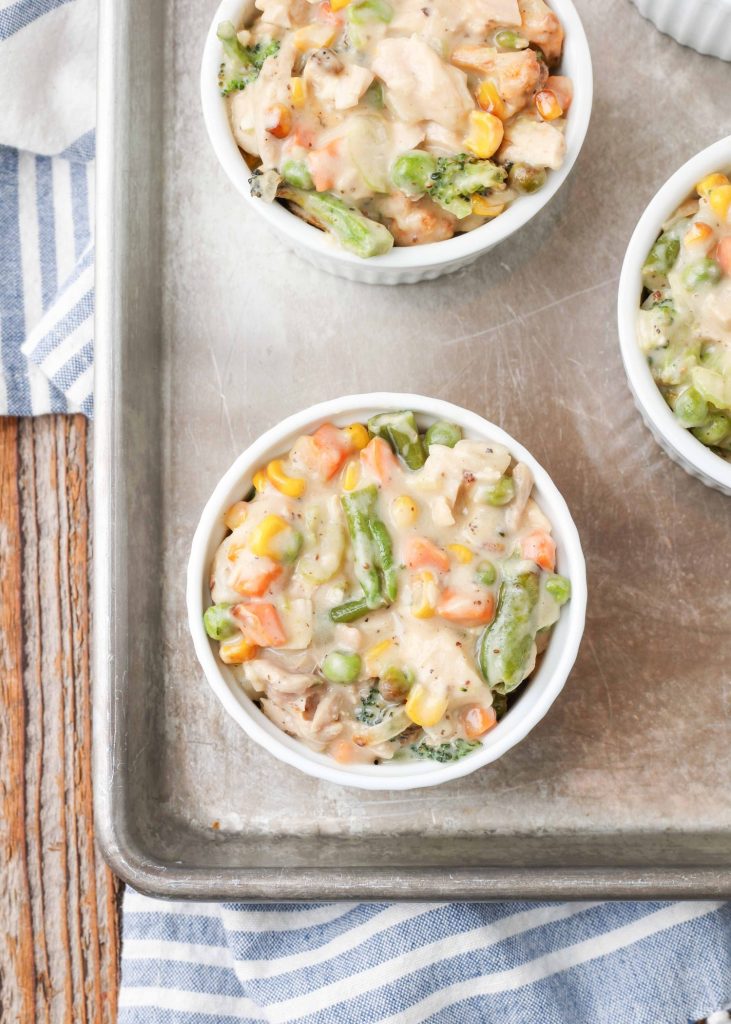 Mini Chicken Pot Pie without drop biscuits on baking sheet