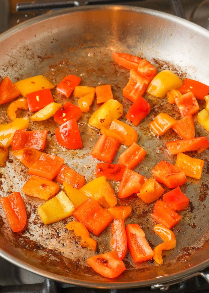 Shrimp Bell Pepper Stir Fry vegetables in saute pan