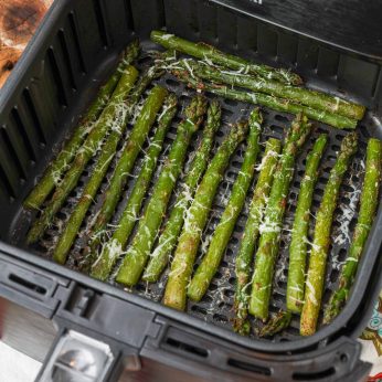 Air Fryer Frozen Asparagus with Parmesan in basket