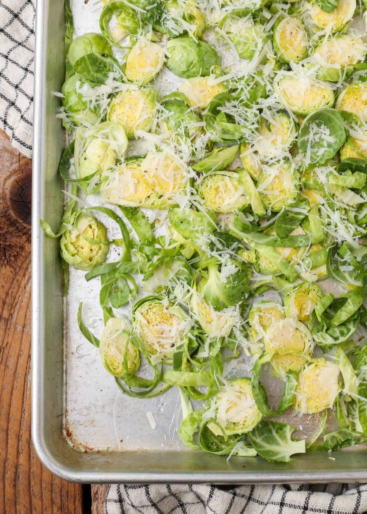 Brussels Sprouts Chips sliced on baking sheet
