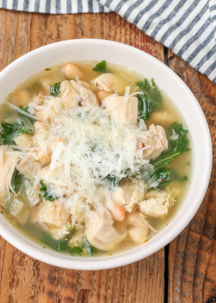 chicken soup with white beans, kale, and Parmesan