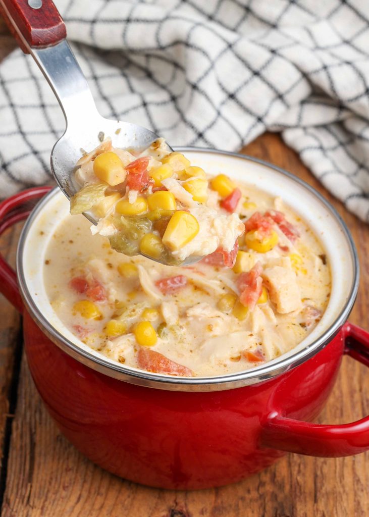 Creamy Corn Chicken Soup in red bowl