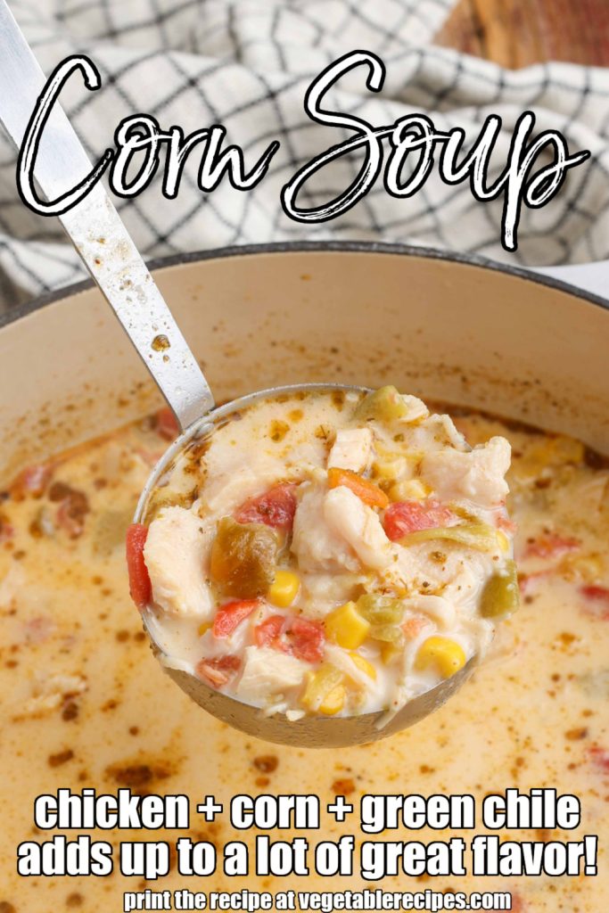 Creamy Corn Chowder with Chicken in white pot with ladle