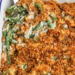 green beans au gratin in blue and white baking dish