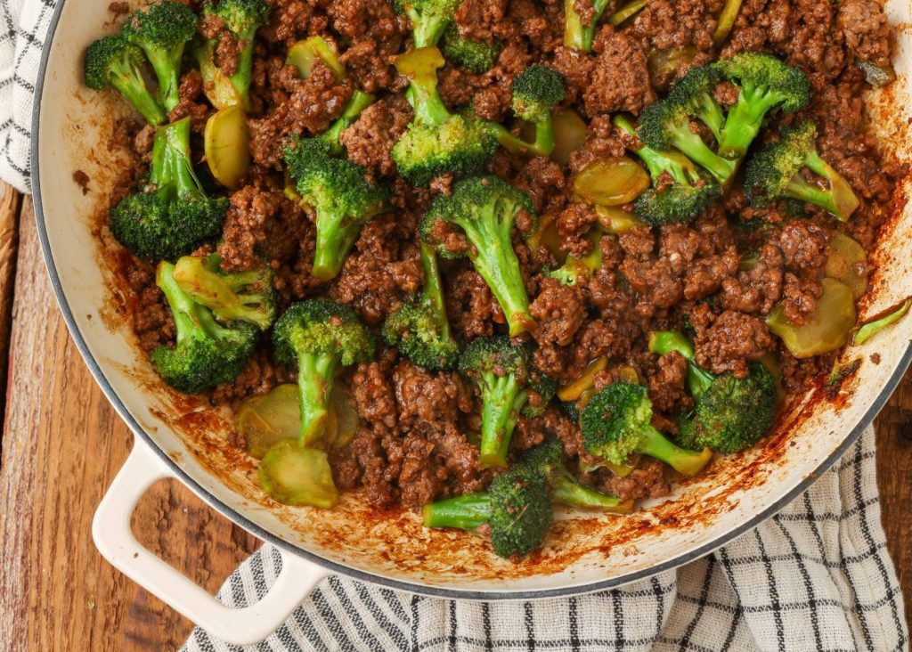 Ground Beef Broccoli Stir Fry in cast iron pan