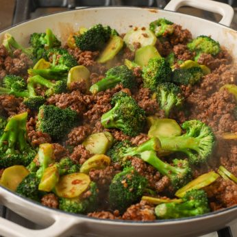 Ground Beef Broccoli Stir Fry cooking in pan