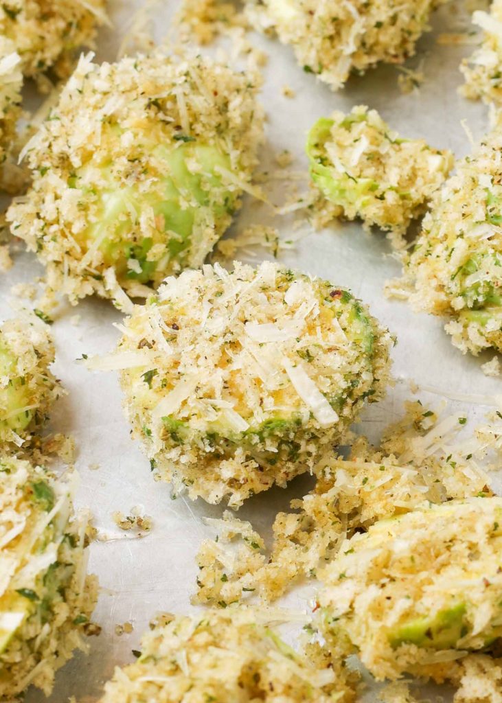 Parm Crusted Brussels Sprouts uncooked on baking sheet