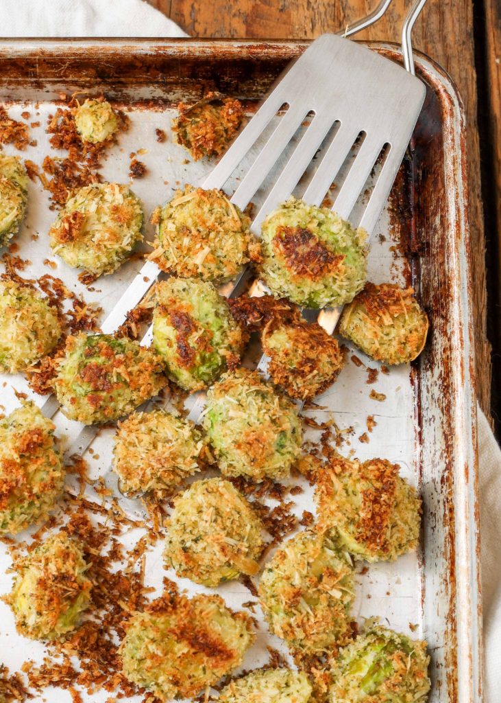 Parm Crusted Brussels Sprouts Roasted on sheet pan