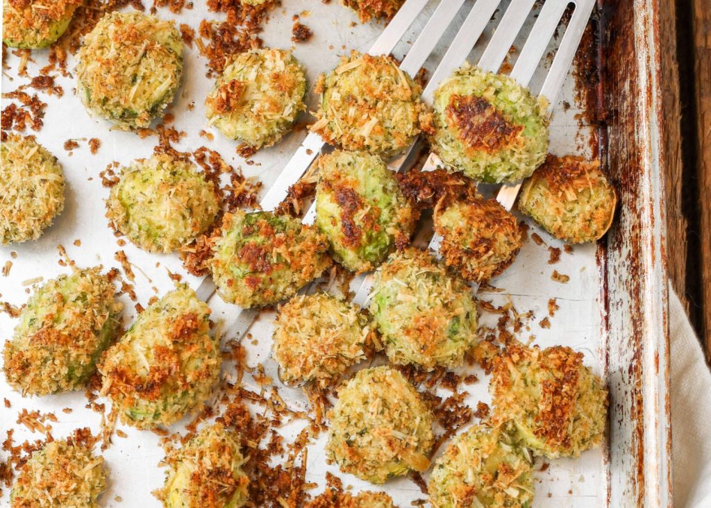 Parm Crusted Brussels Sprouts crusted on the pan