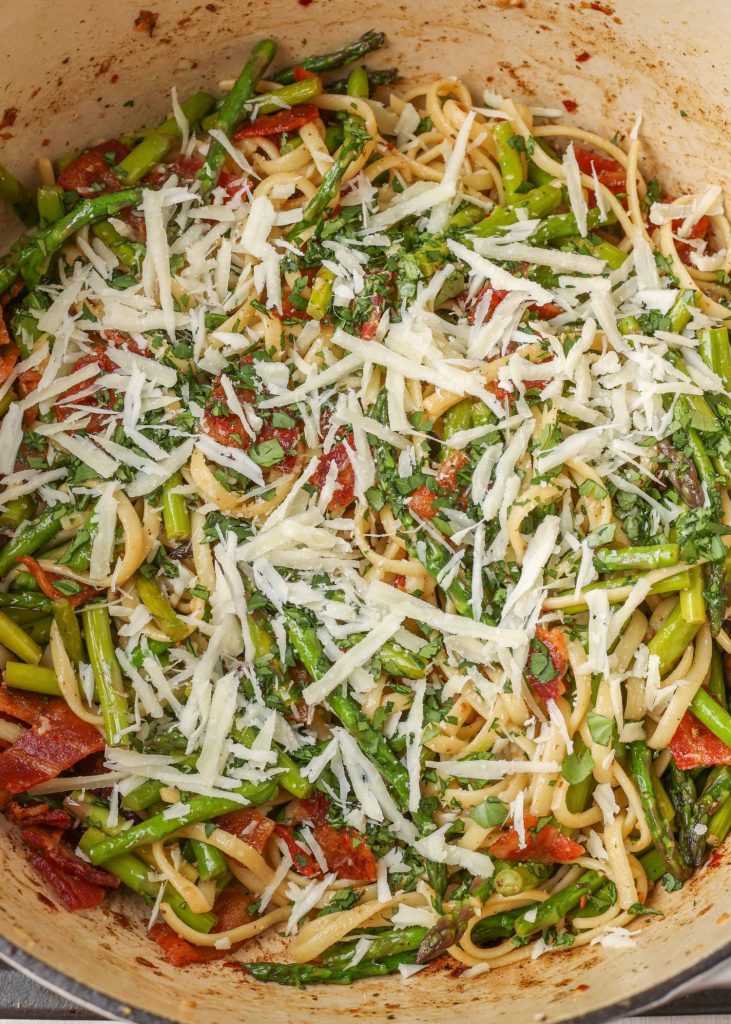 linguini with asparagus, bacon, and Parmesan